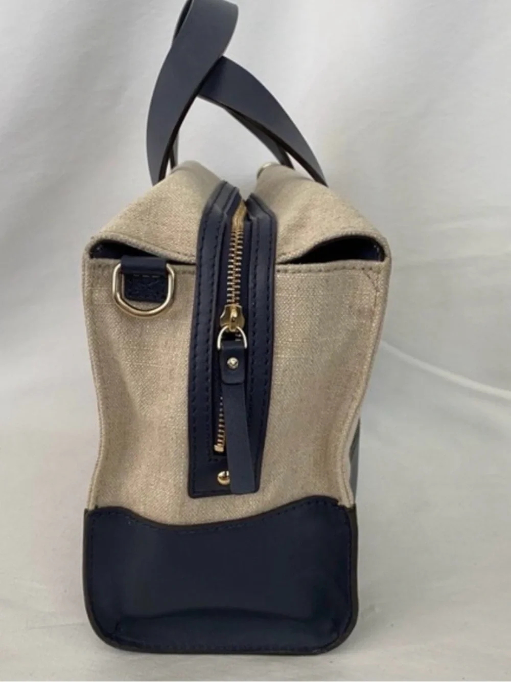 kate spade Beige and Navy Canvas Satchel with Gold Spade Logo
